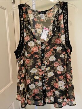 NWT Deb Black Sheer Floral Button-Front Tank with Pink & Cream Roses. 1X.